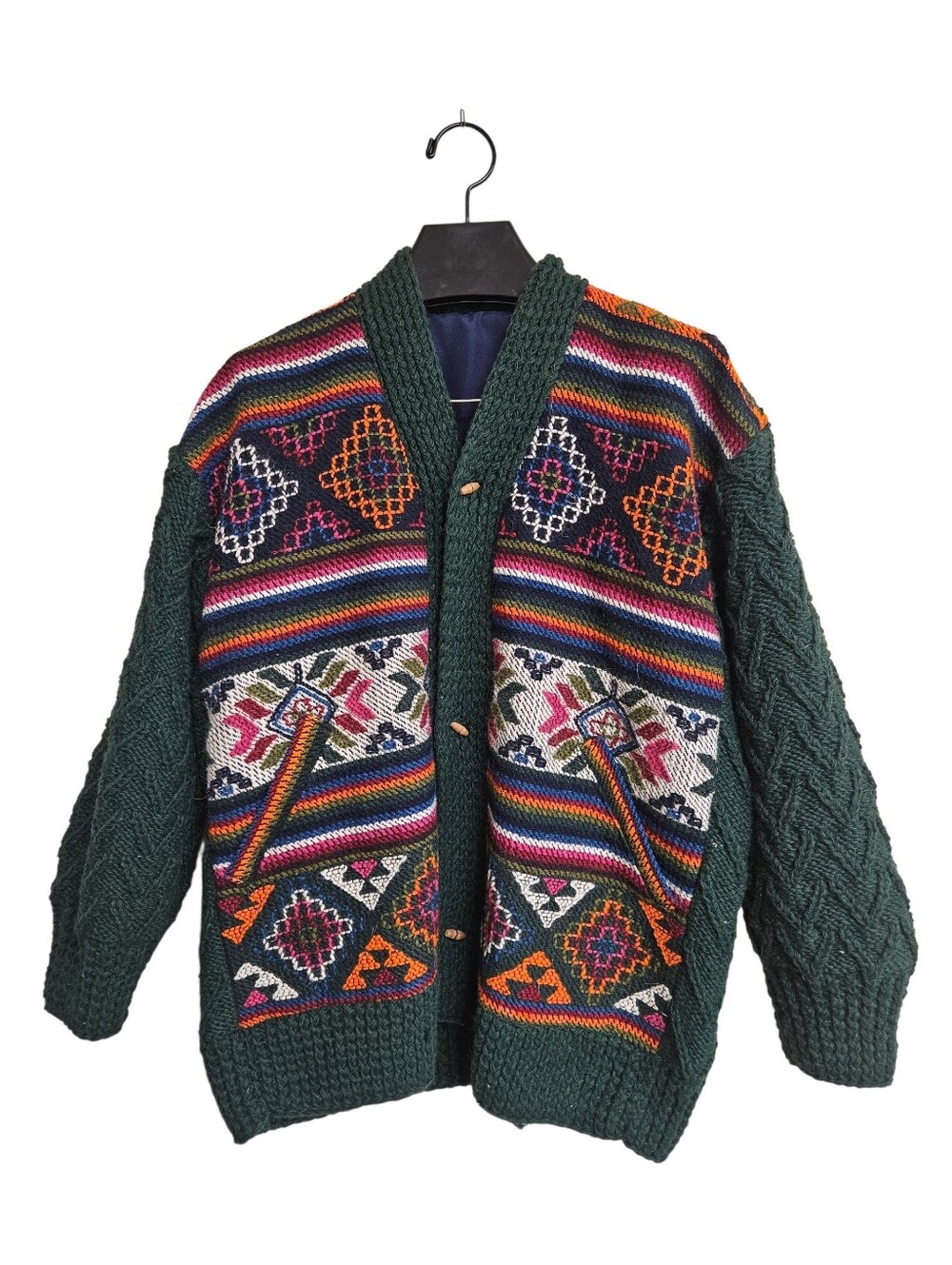 VTG Embroidered Wool Aztec Southwest Chunky Knit Forest Green Cardigan Jacket